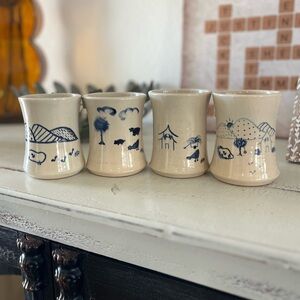 Rare Set of 4 Handmade Pottery Tumblers Solid Heavy Blue Folk Art Ichthys Symbol
